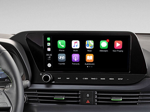 A close up of the 10.25” navigation touch screen with Apple CarPlay or Android Auto